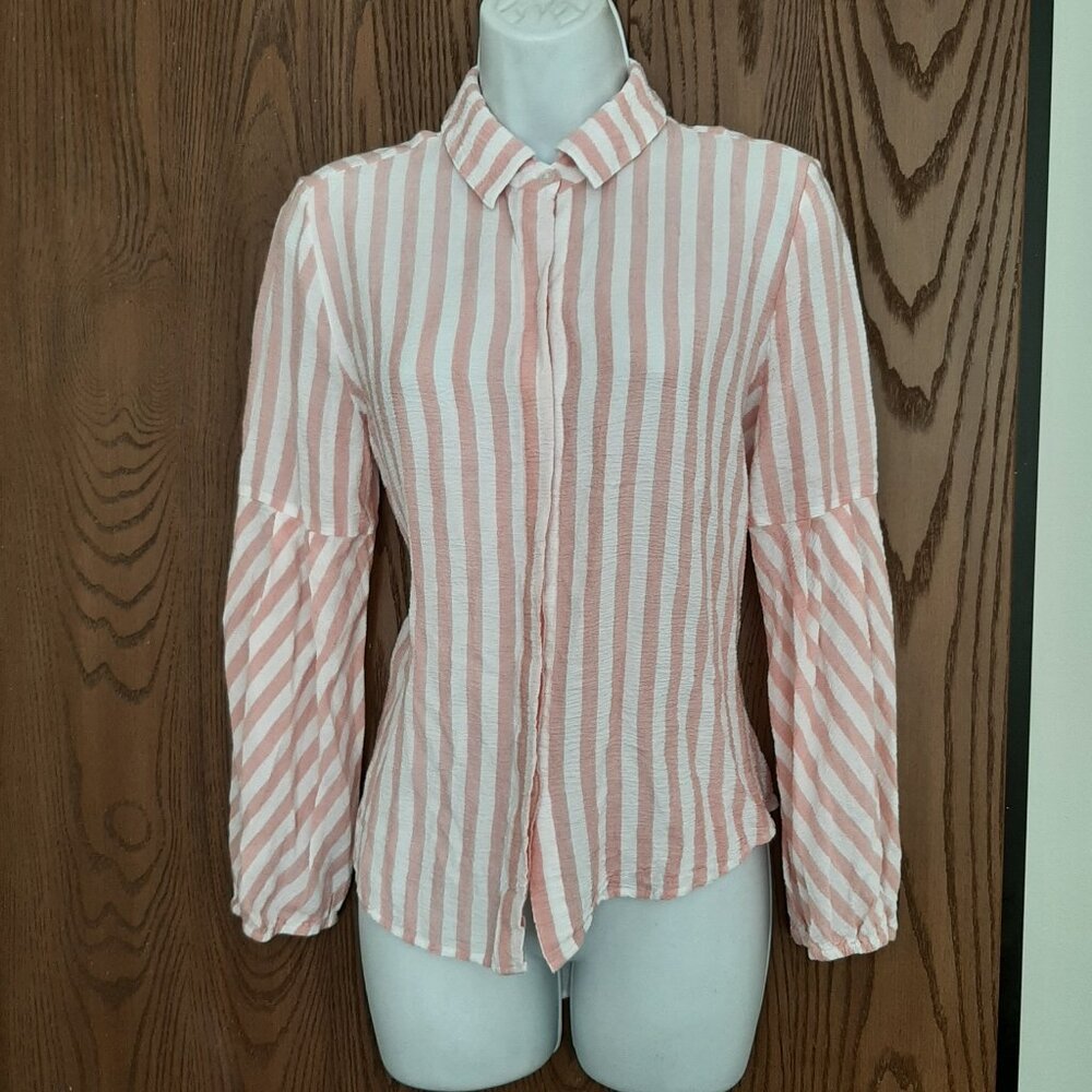 Chico's Pink White Stripe Lyocell Button Down Top Size 0 (4/6) Elastic Sleeves